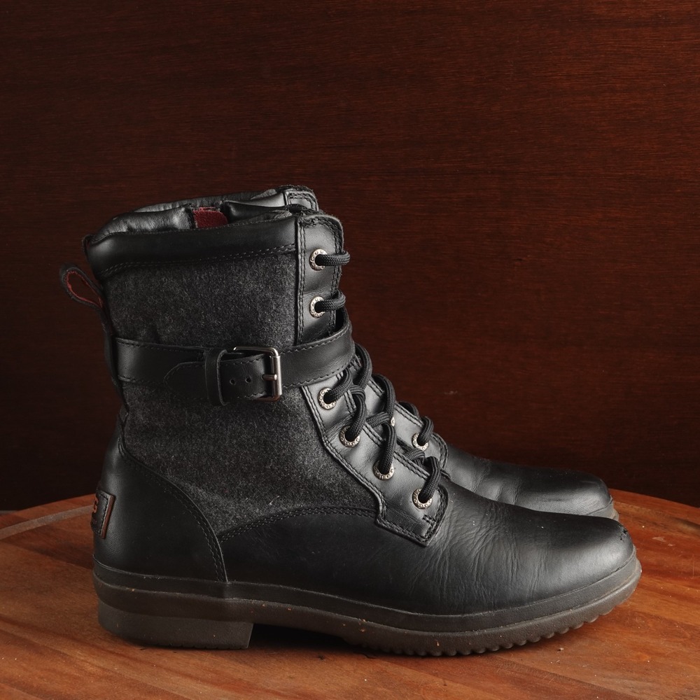 UGG Boots Womens Size 8 Black Kesey Leather Wool Waterproof Moto Outdoor Winter